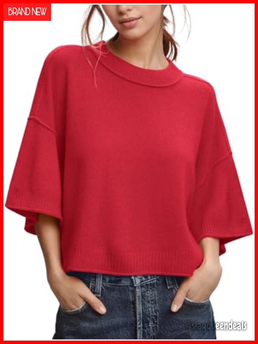Women's Oversized Cropped Knit Sweater 3/4 Sleeve Crew Neck Pullover